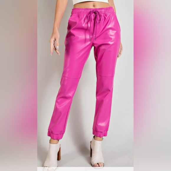 Women's Bubblegum Faux Leather Jogger Pants - Picture 1 of 11